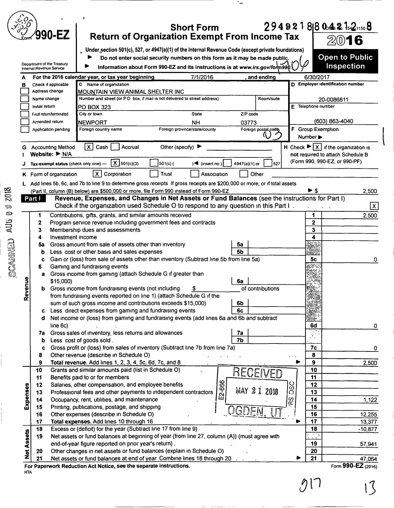 Image of first page of 2016 Form 990EZ for Mountain View Animal Shelter