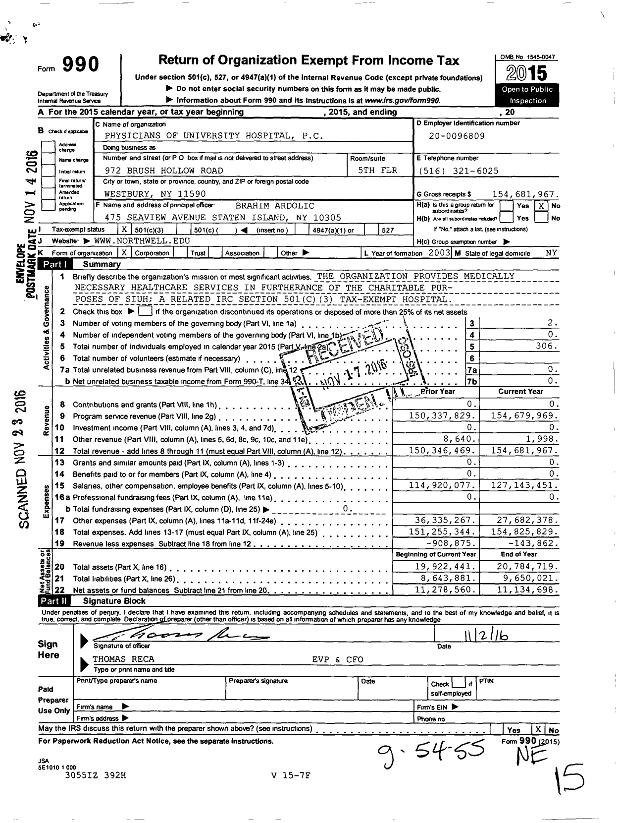 Image of first page of 2015 Form 990 for Physicians of University Hospital PC