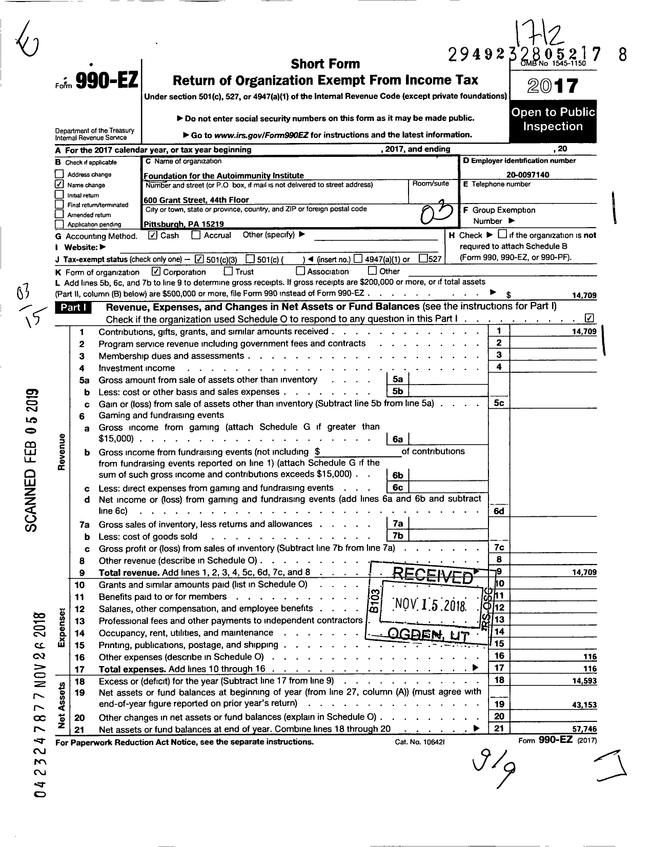 Image of first page of 2017 Form 990EZ for Foundation for the Autoimmunity Institute