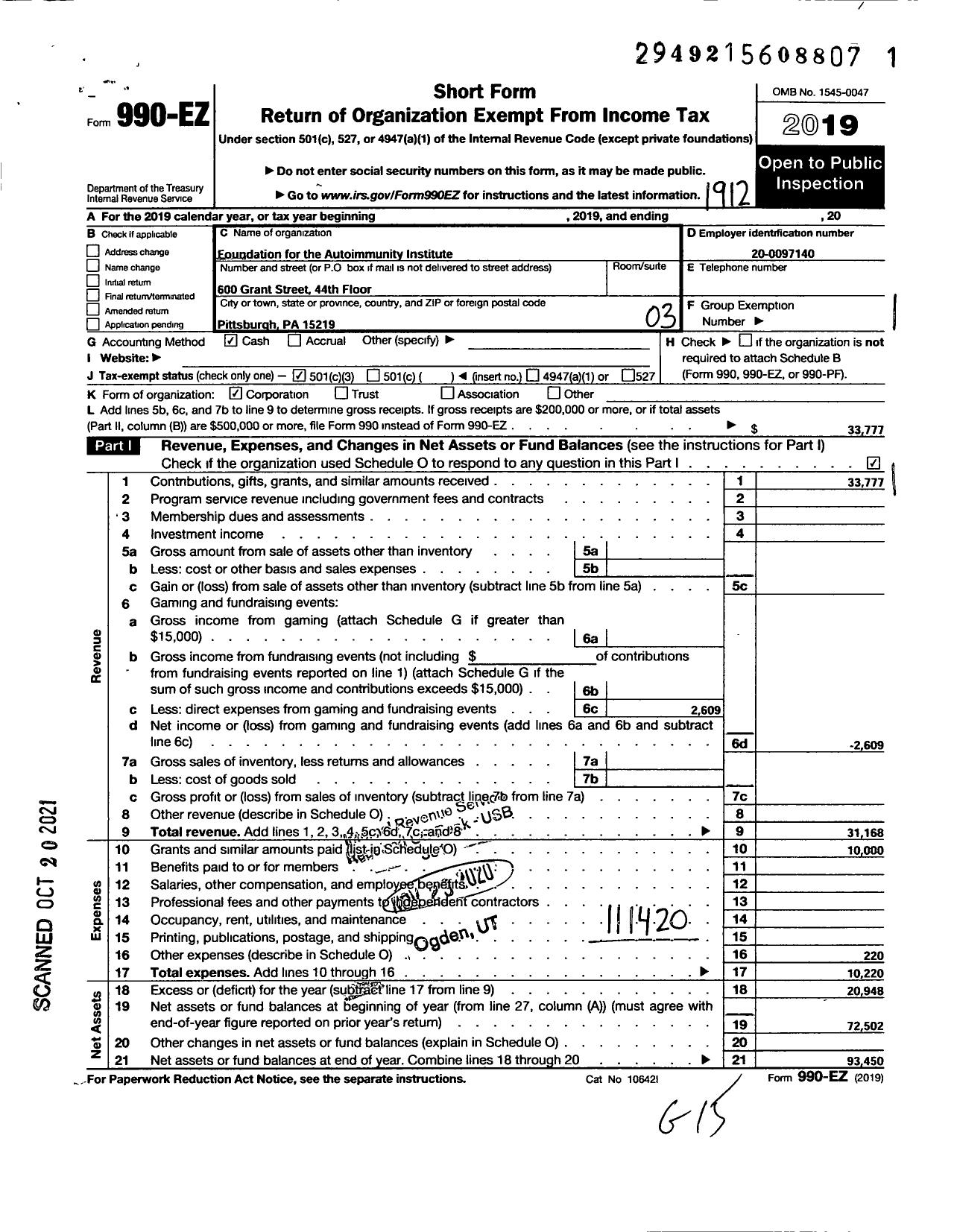 Image of first page of 2019 Form 990EZ for Foundation for the Autoimmunity Institute