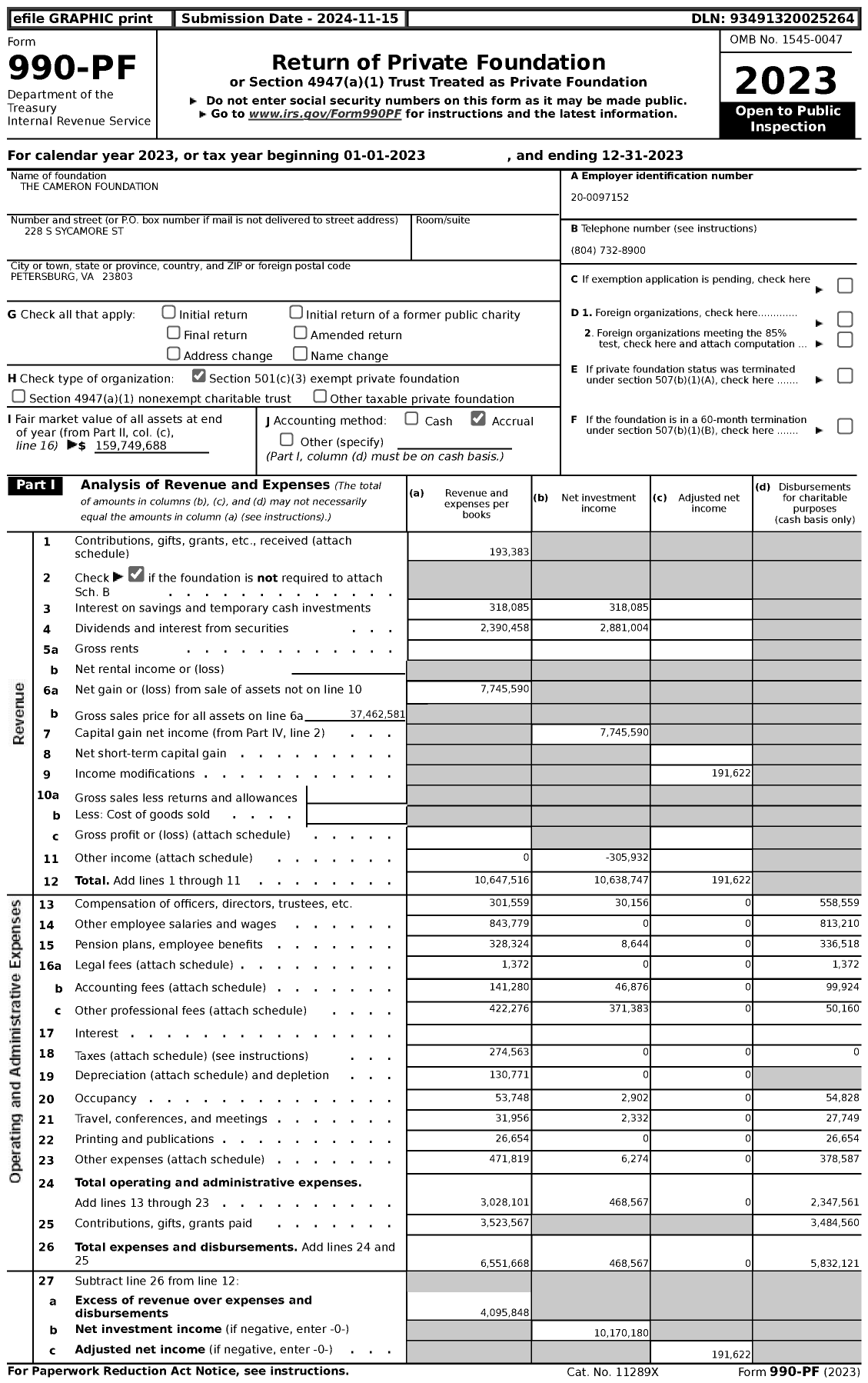 Image of first page of 2023 Form 990PF for The Cameron Foundation