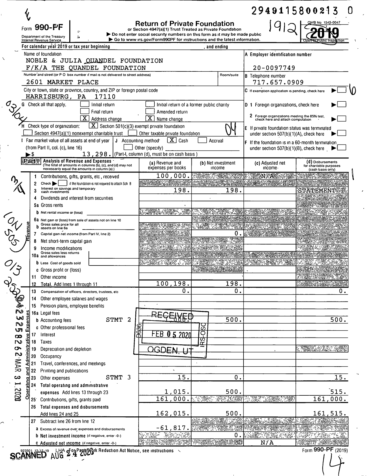 Image of first page of 2019 Form 990PR for Noble and Julia Quandel Foundation