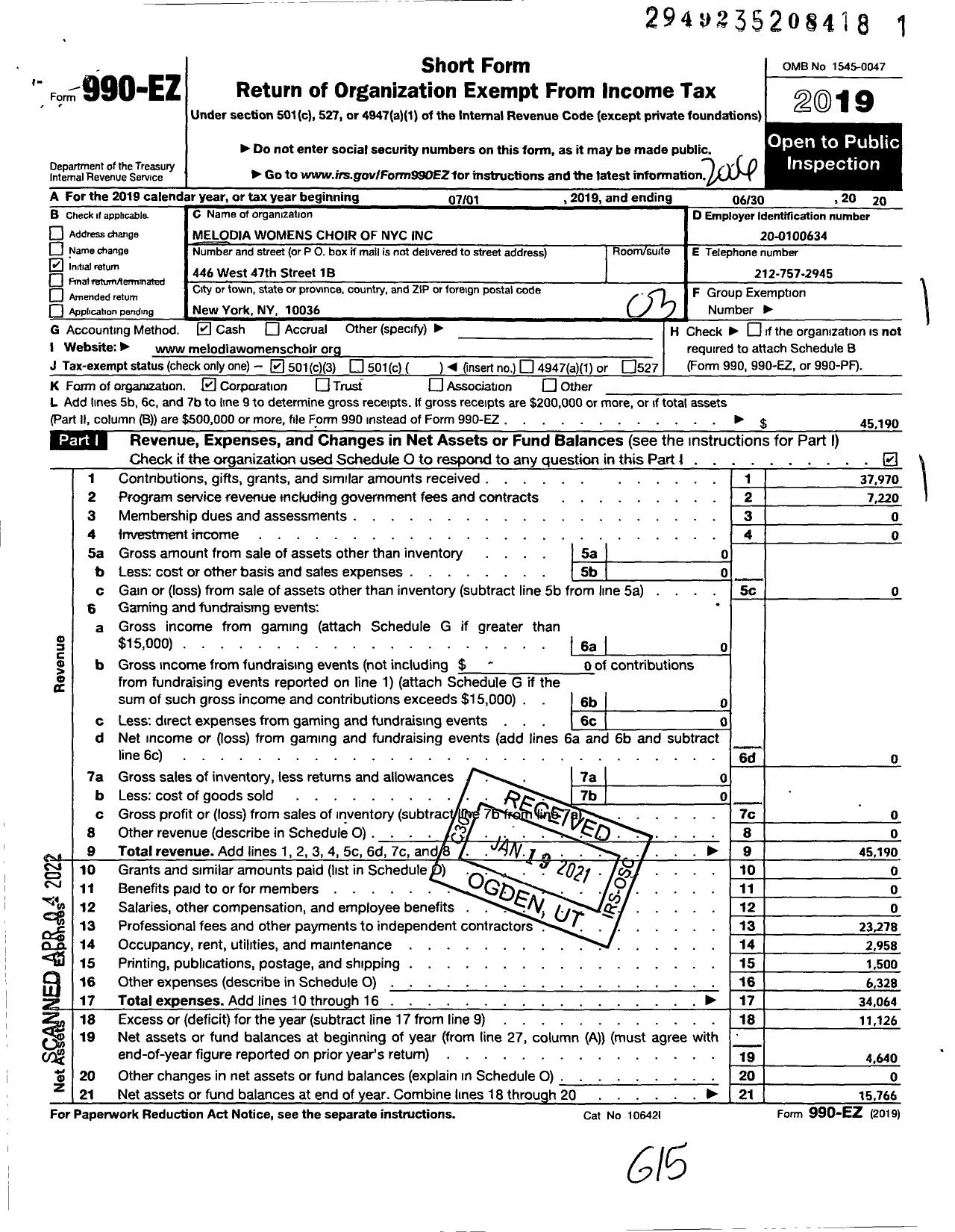 Image of first page of 2019 Form 990EZ for Melodia Womens Choir of Nyc