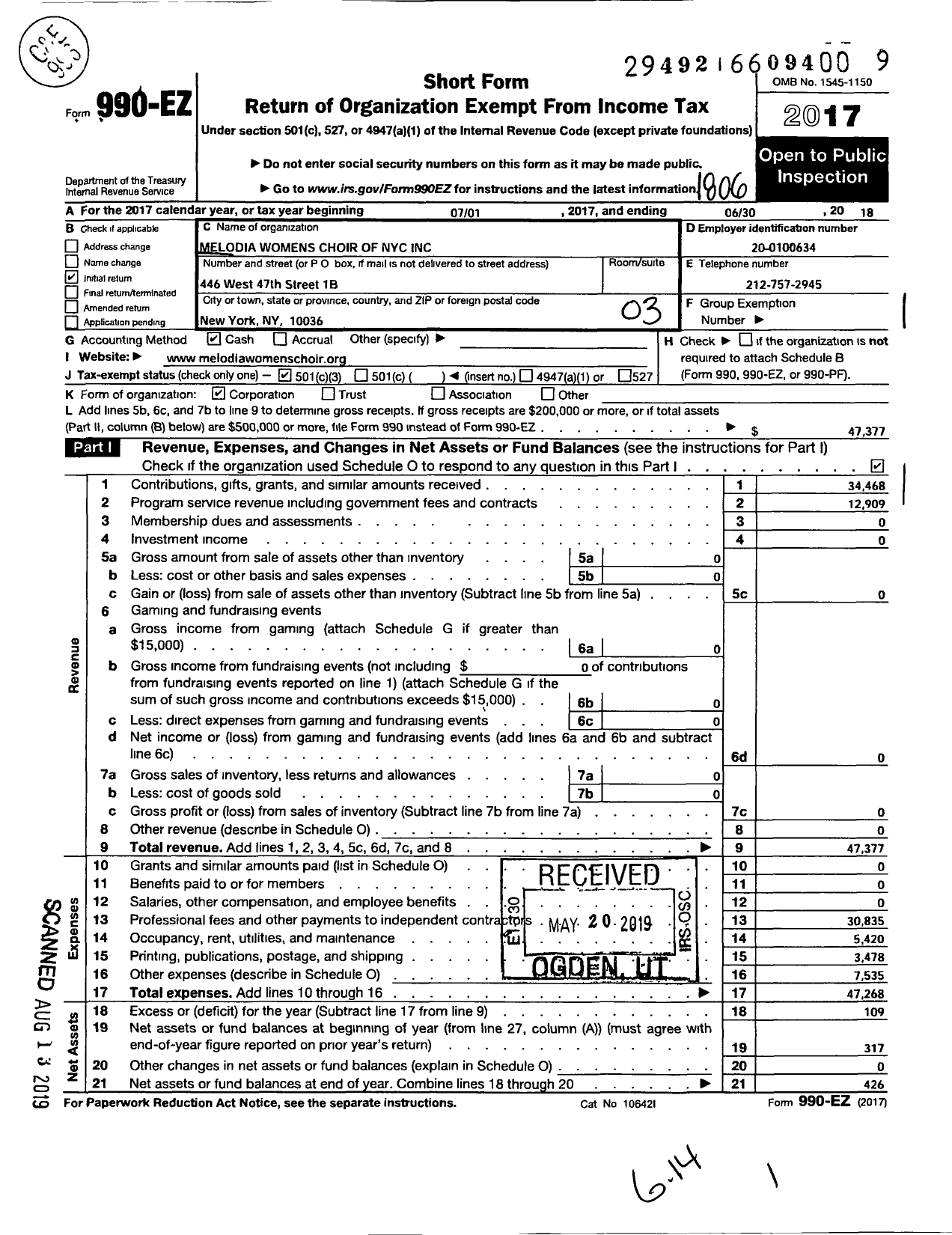 Image of first page of 2017 Form 990EZ for Melodia Womens Choir of Nyc