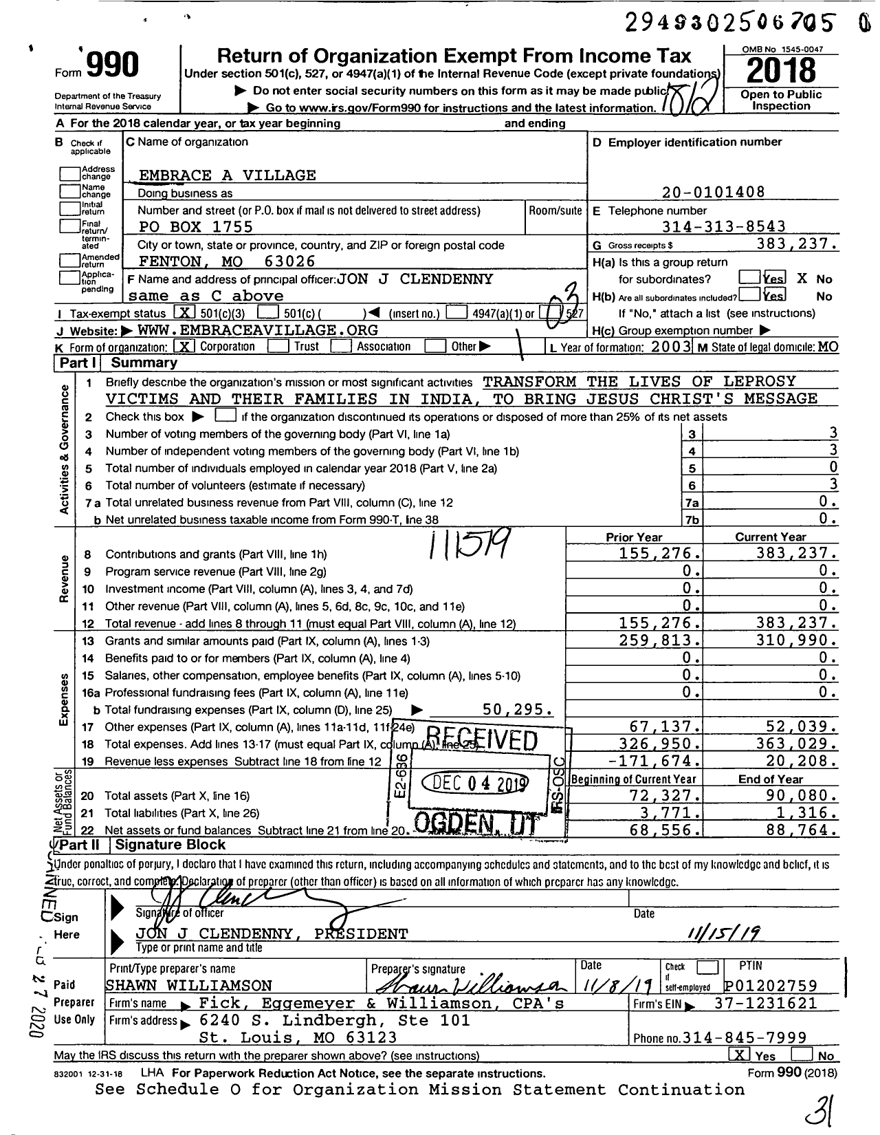 Image of first page of 2018 Form 990 for Embrace A Village