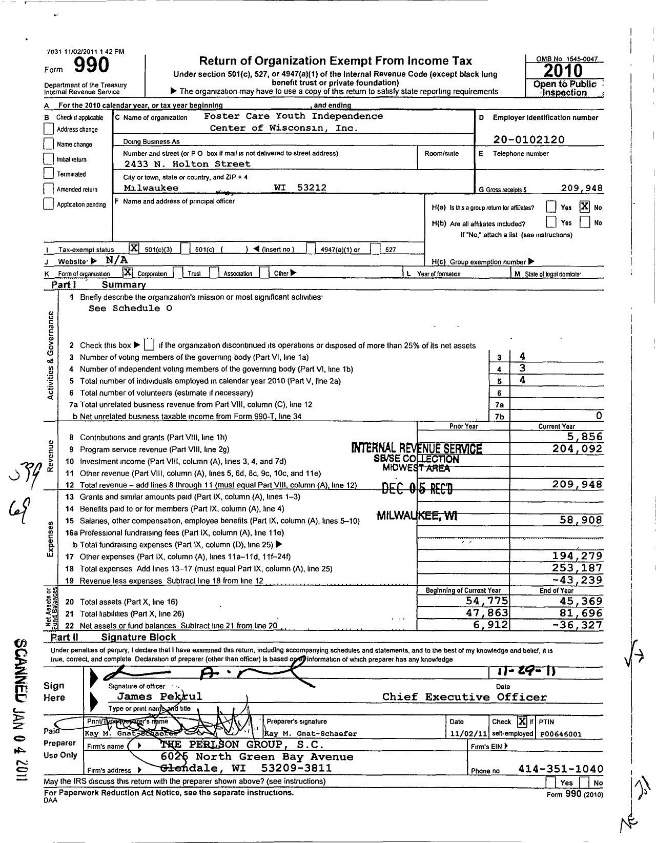 Image of first page of 2010 Form 990 for Foster Care Youth Independence Center of Wisconsin