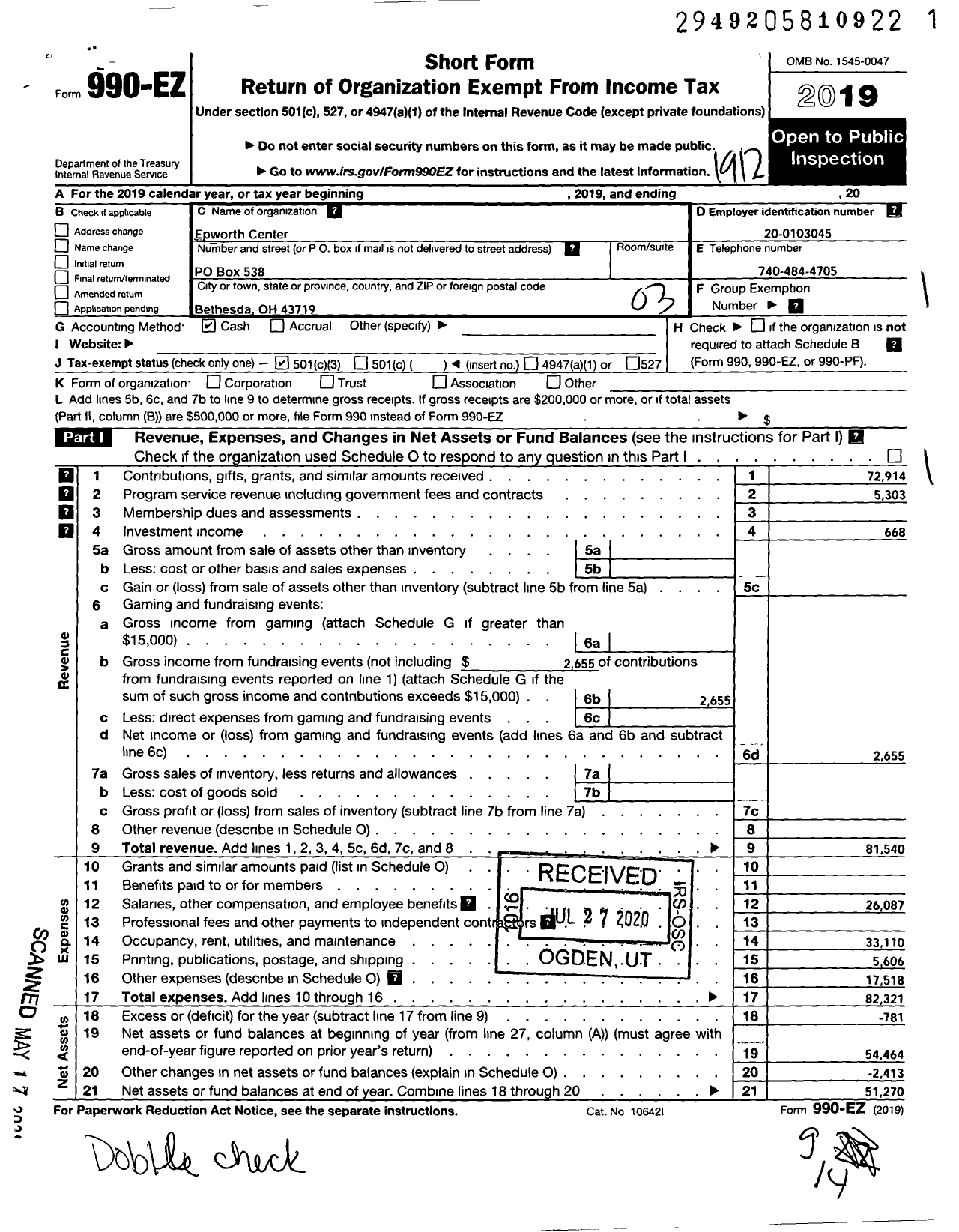 Image of first page of 2019 Form 990EZ for Epworth Center