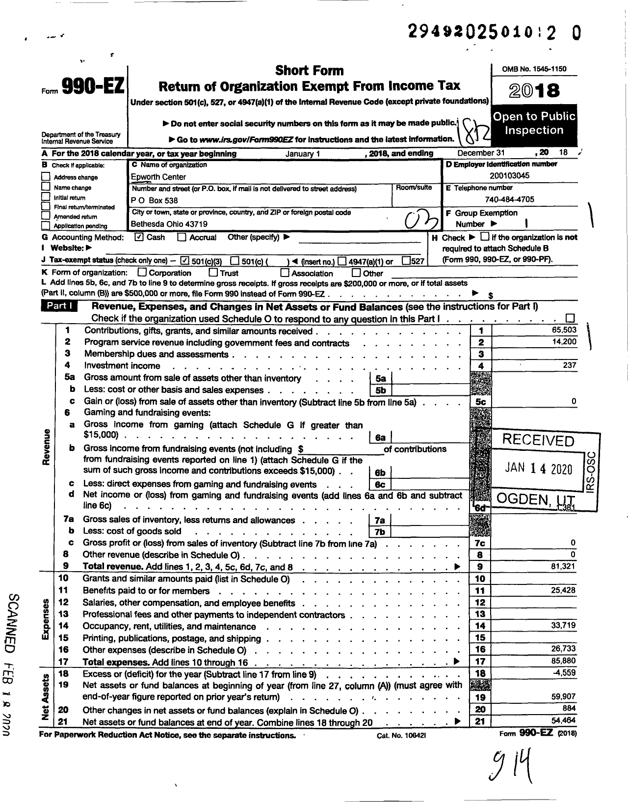 Image of first page of 2018 Form 990EZ for Epworth Center