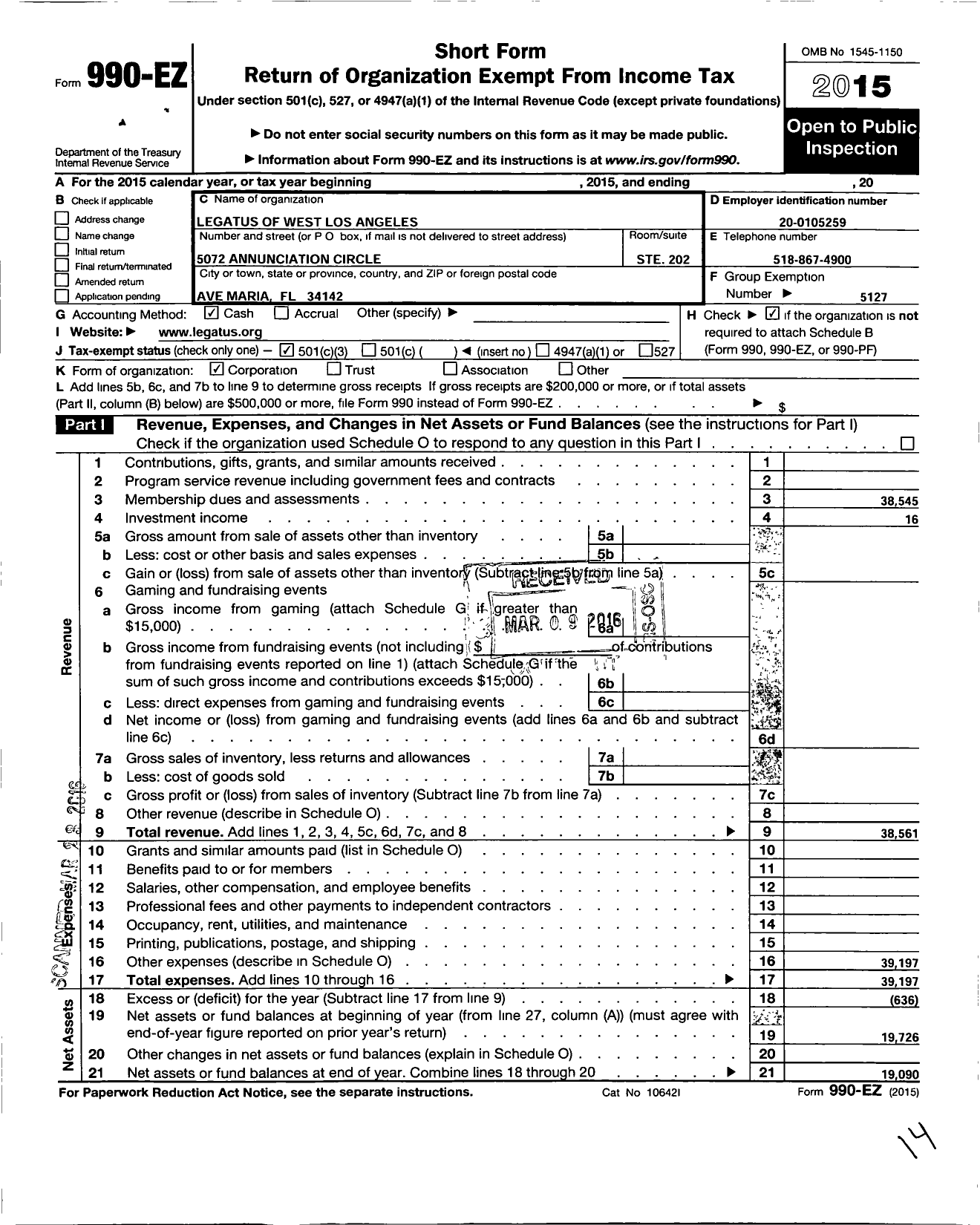 Image of first page of 2015 Form 990EZ for Legatus