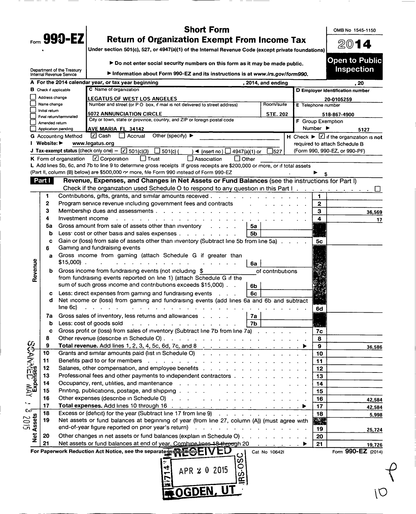 Image of first page of 2014 Form 990EZ for Legatus