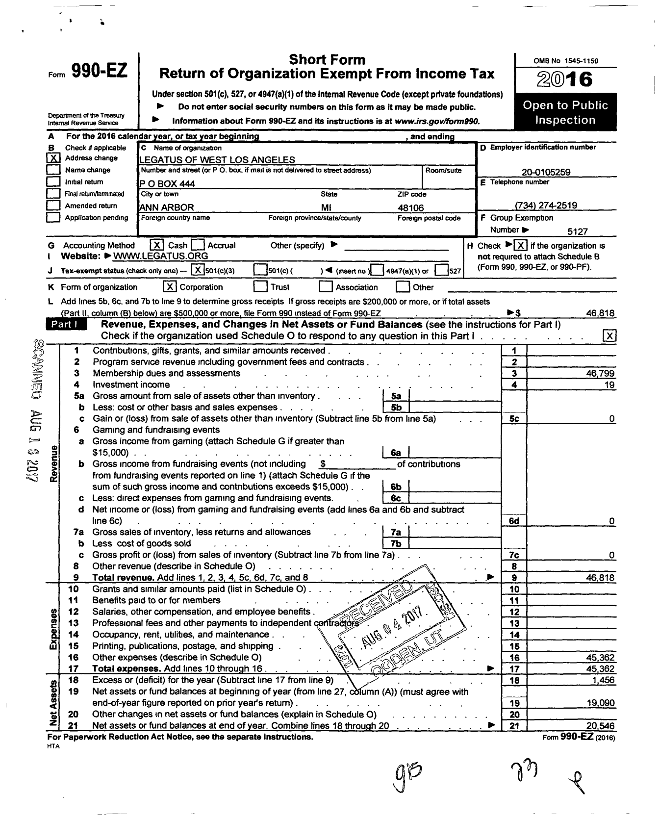 Image of first page of 2016 Form 990EZ for Legatus