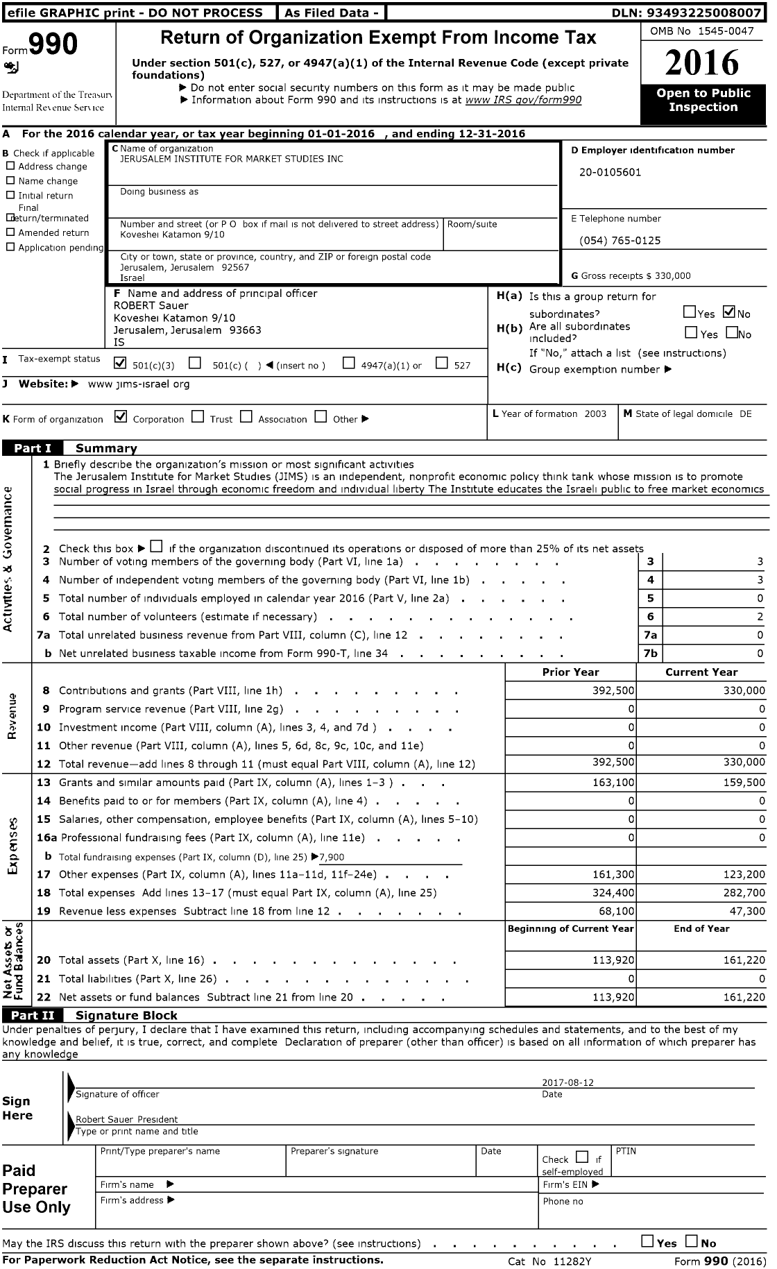 Image of first page of 2016 Form 990 for Jerusalem Institute for Market Studies