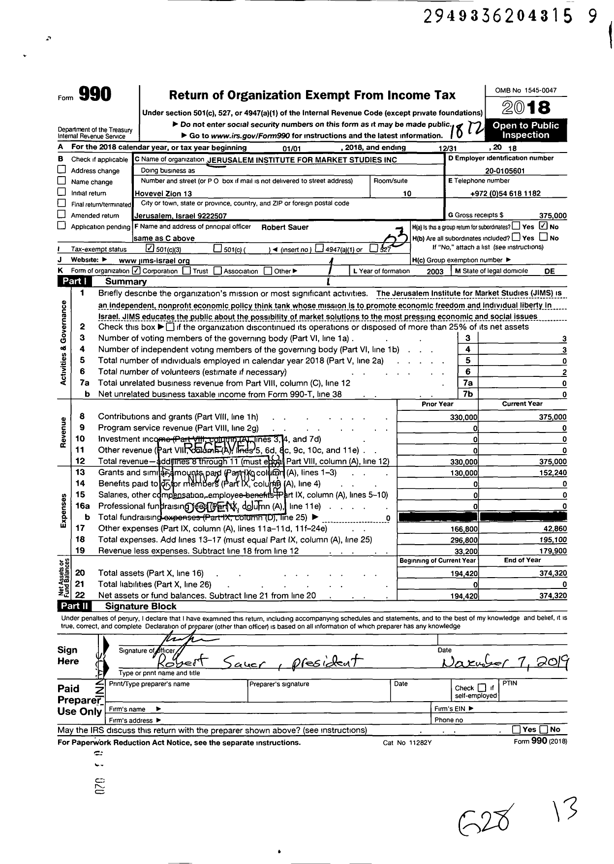 Image of first page of 2018 Form 990 for Jerusalem Institute for Market Studies