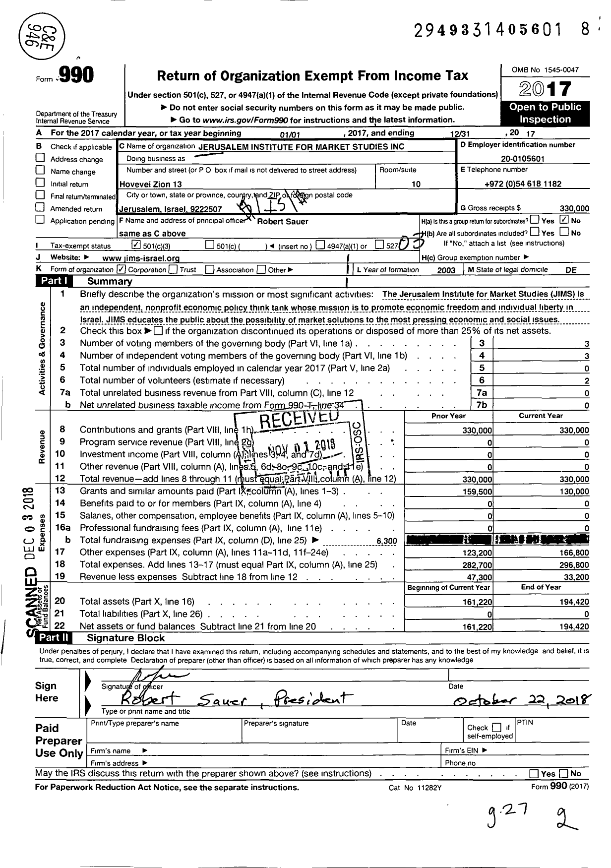 Image of first page of 2017 Form 990 for Jerusalem Institute for Market Studies