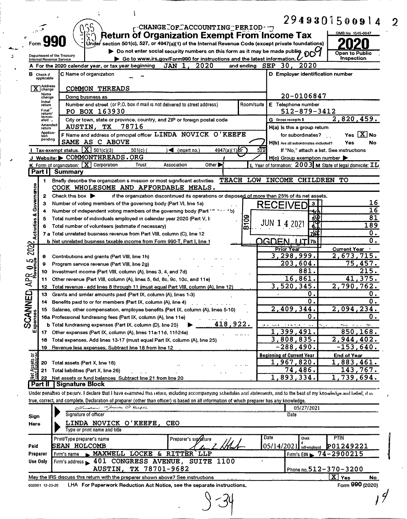 Image of first page of 2019 Form 990 for Common Threads (CT)