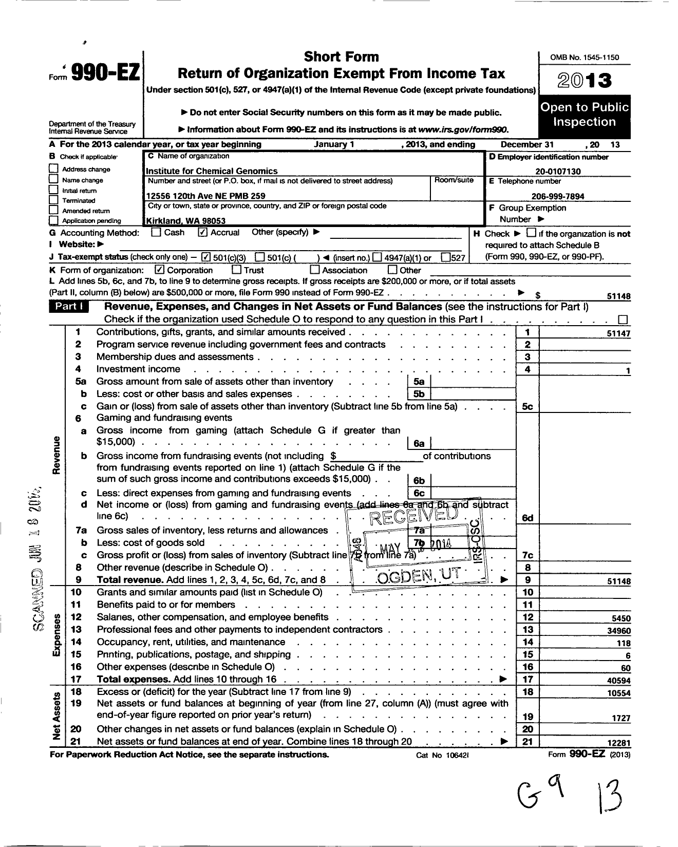 Image of first page of 2013 Form 990EZ for Institute for Chemical Genomics