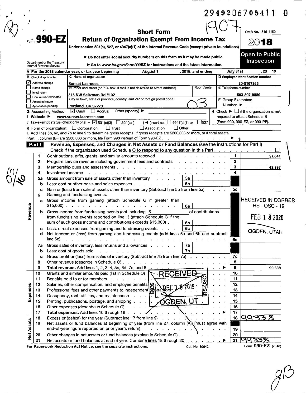 Image of first page of 2018 Form 990EZ for Sunset Lacrosse