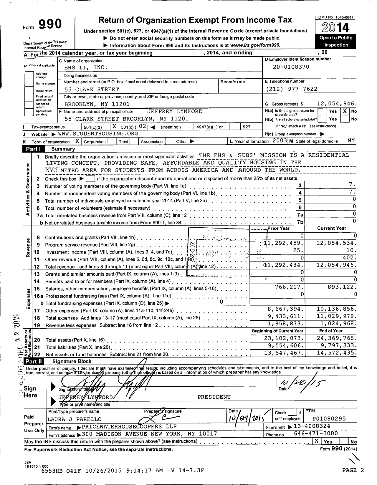Image of first page of 2014 Form 990O for Ehs Ii