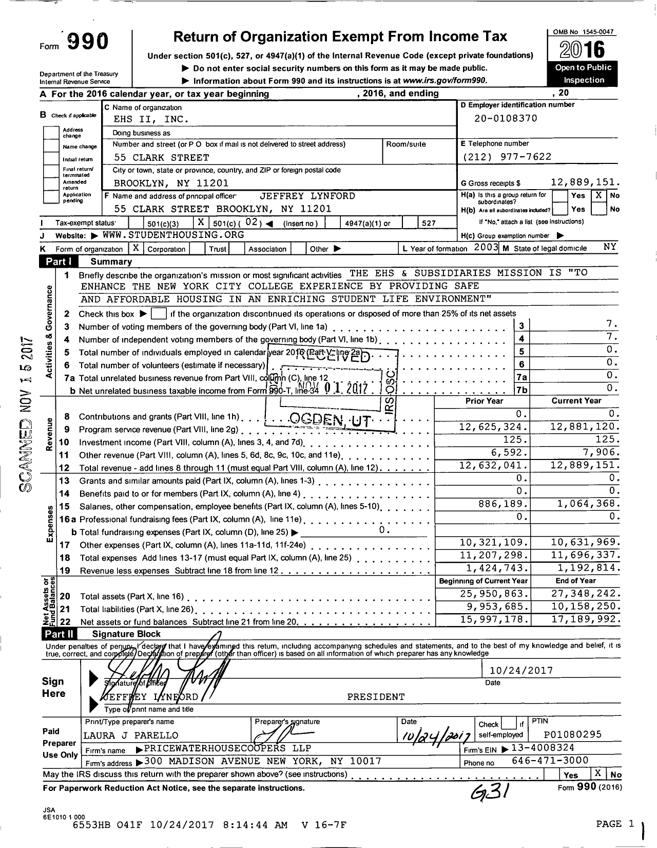 Image of first page of 2016 Form 990O for Ehs Ii