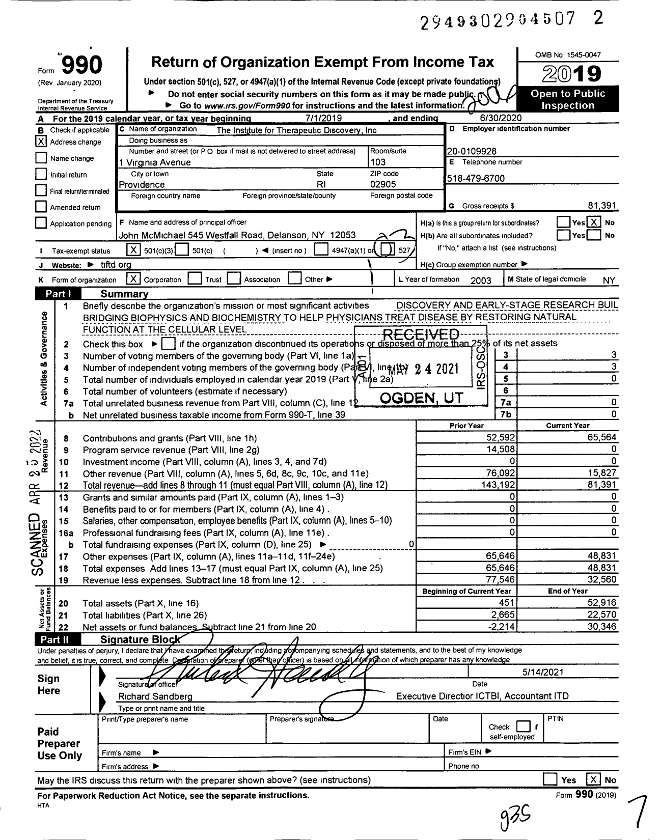 Image of first page of 2019 Form 990 for The Institute for Therapeutic Discovery