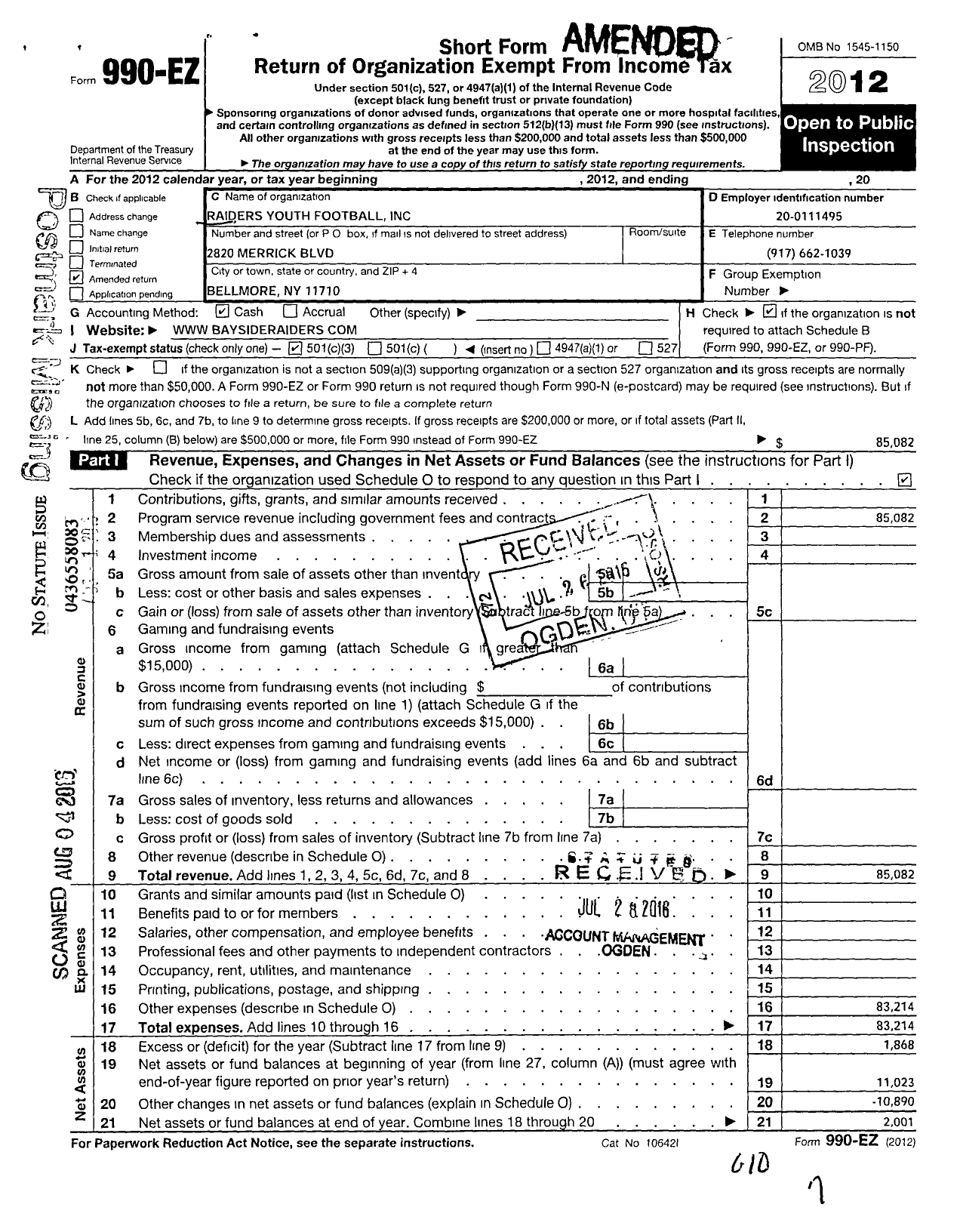 Image of first page of 2012 Form 990EZ for Raider Youth Football