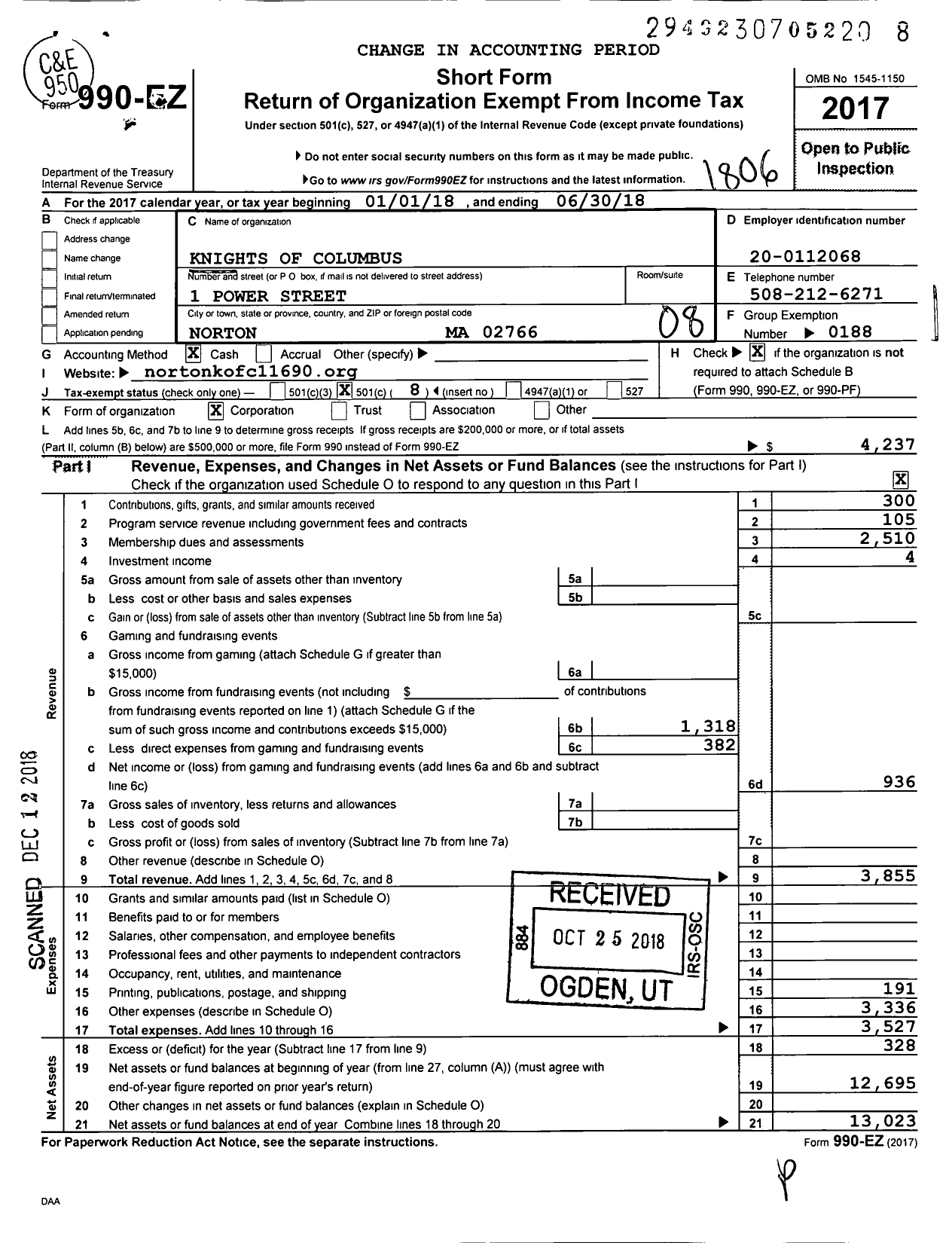 Image of first page of 2017 Form 990EO for Knights of Columbus - 11690 St Marys Norton Council