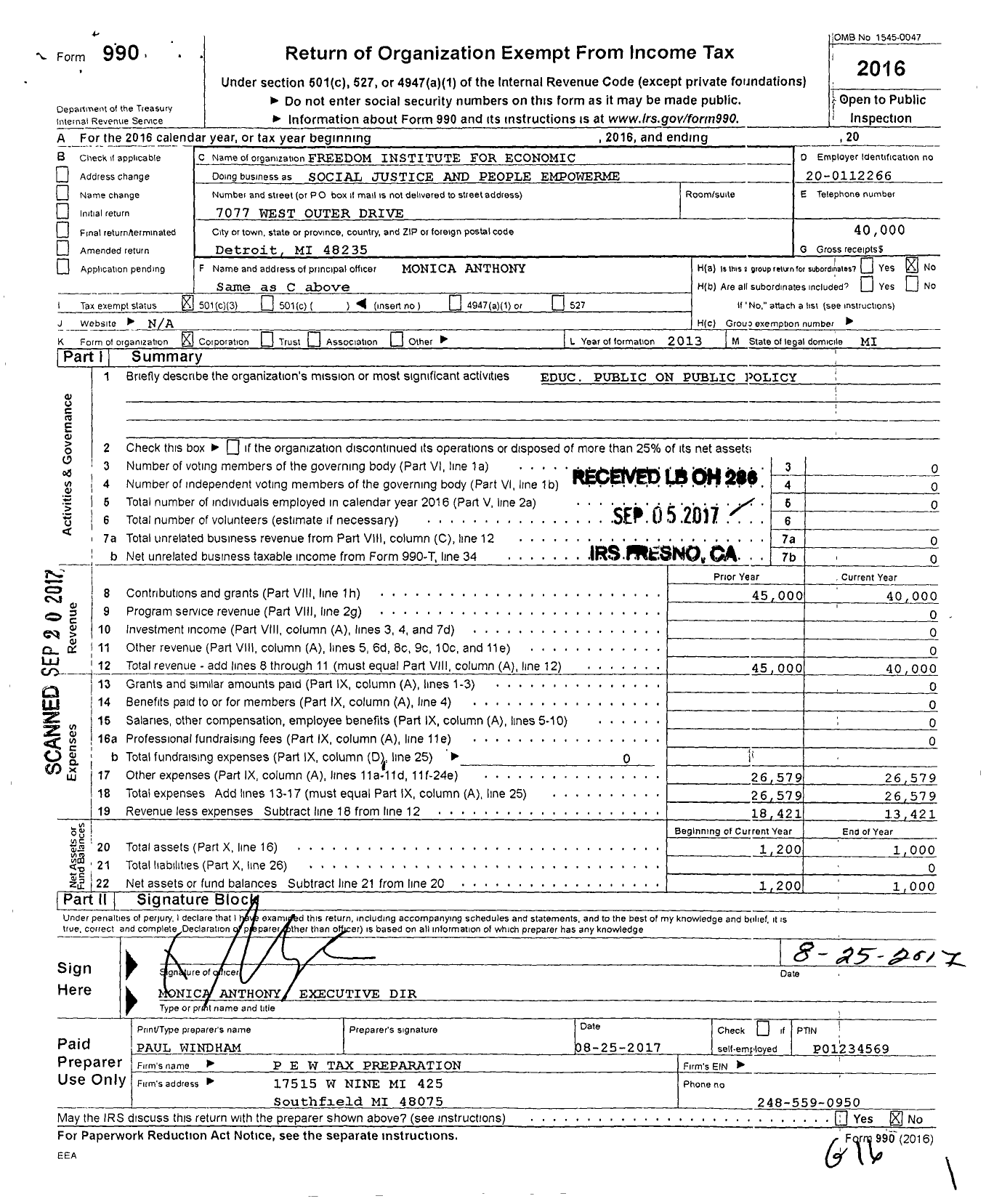 Image of first page of 2016 Form 990 for Social Justice and People Empowerment