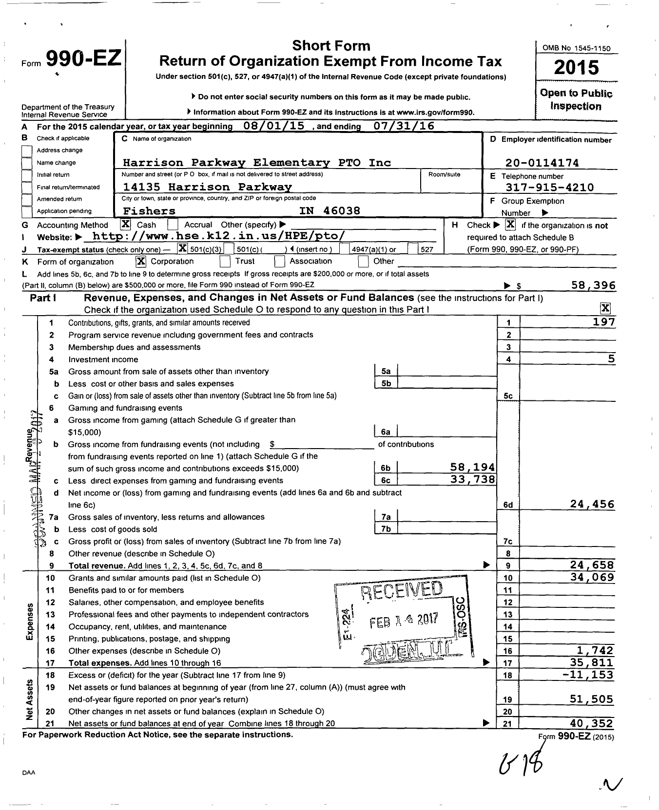 Image of first page of 2015 Form 990EZ for Harrison Parkway Elementary Pto