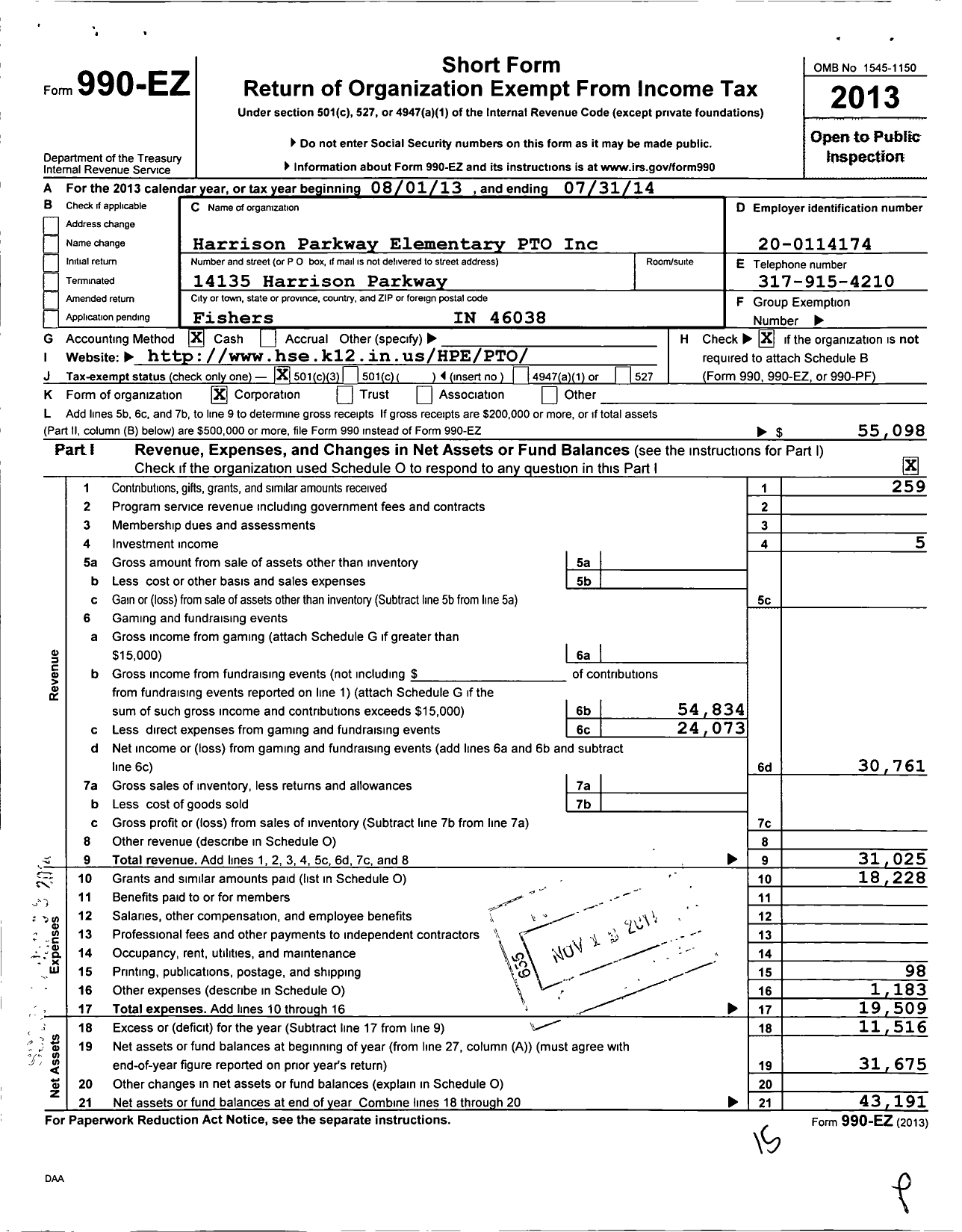 Image of first page of 2013 Form 990EZ for Harrison Parkway Elementary Pto