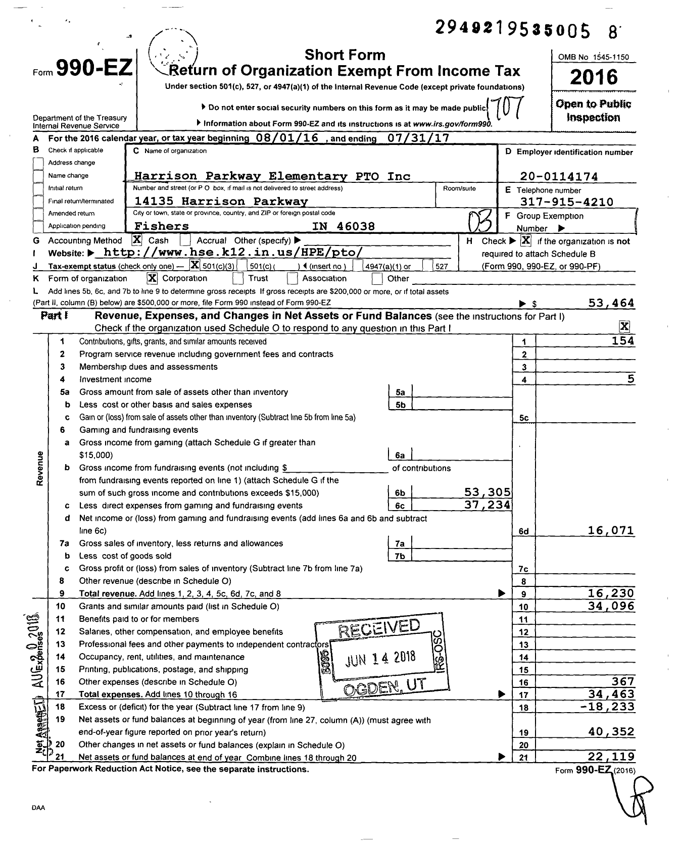 Image of first page of 2016 Form 990EZ for Harrison Parkway Elementary Pto