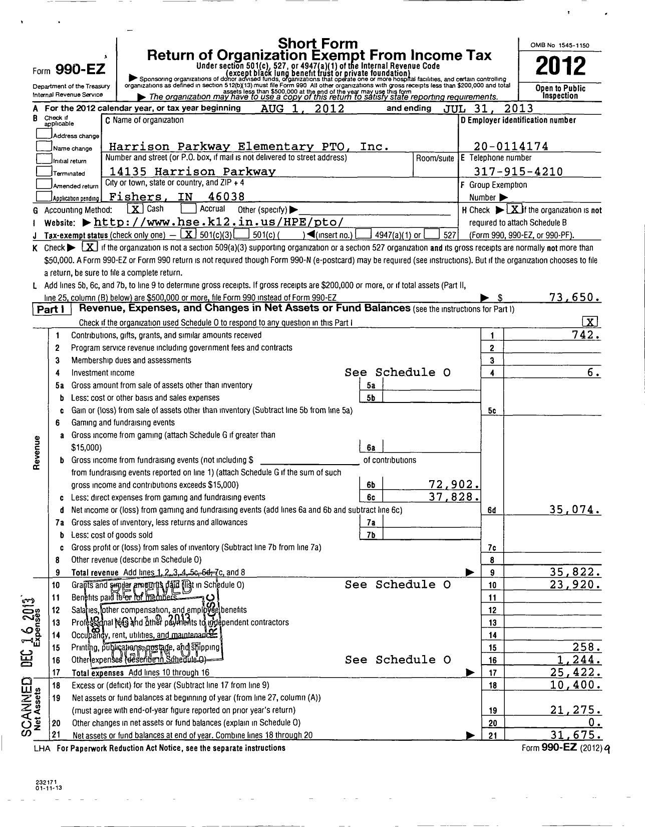 Image of first page of 2012 Form 990EZ for Harrison Parkway Elementary Pto