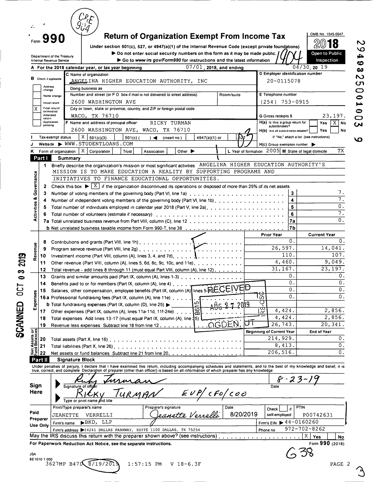 Image of first page of 2018 Form 990 for Angelina Higher Education Authority