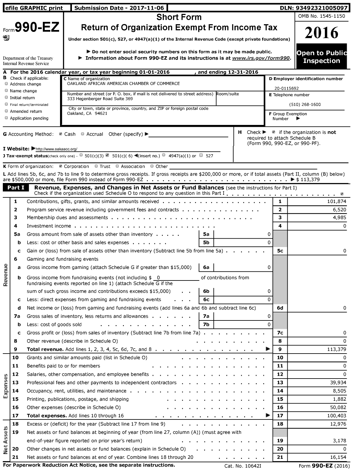 Image of first page of 2016 Form 990EZ for Oakland African American Chamber of Commerce