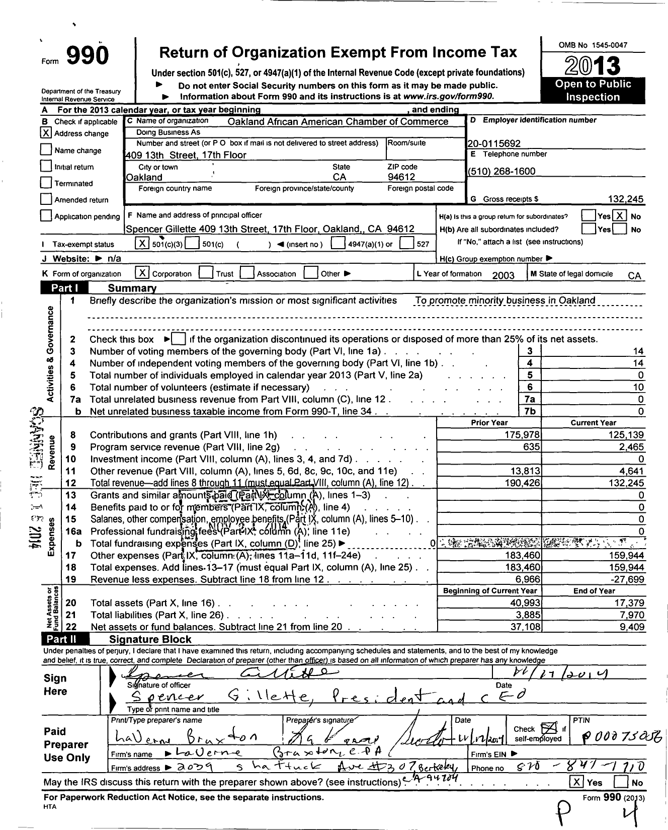 Image of first page of 2013 Form 990 for Oakland African American Chamber of Commerce