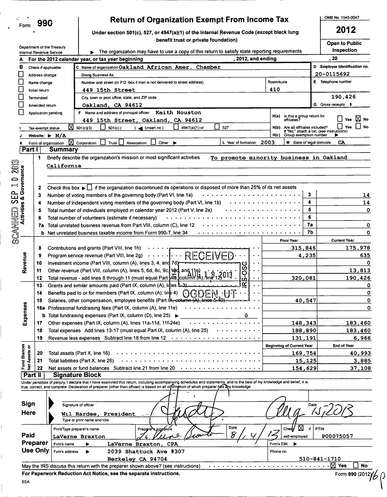 Image of first page of 2012 Form 990 for Oakland African American Chamber of Commerce