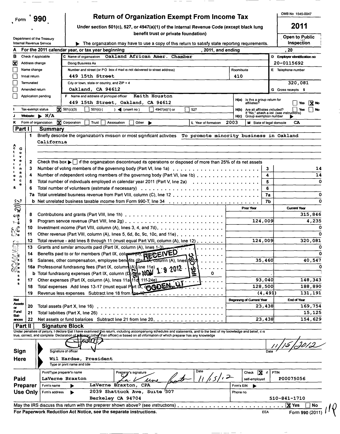 Image of first page of 2011 Form 990 for Oakland African American Chamber of Commerce