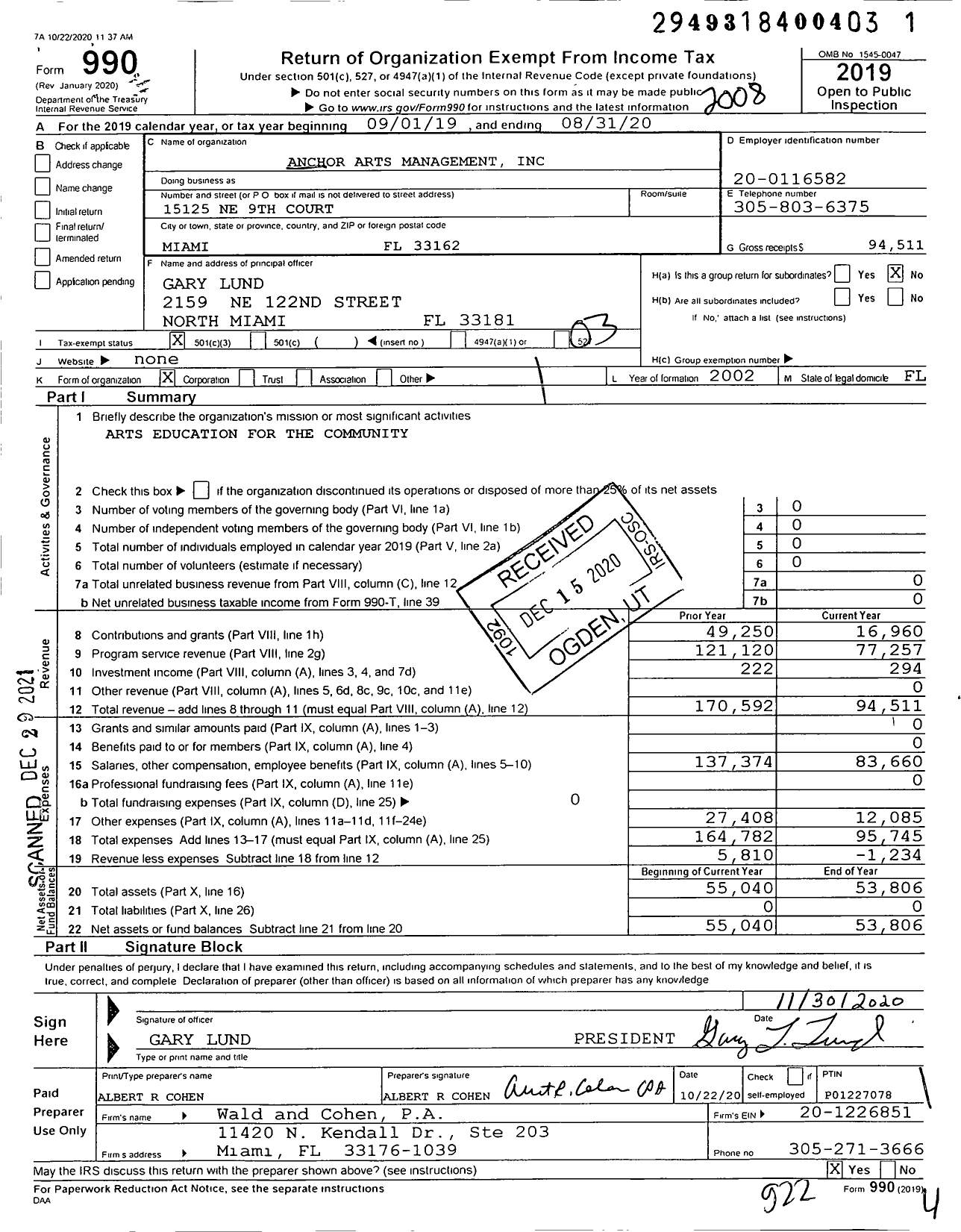 Image of first page of 2019 Form 990 for Anchor Arts Management