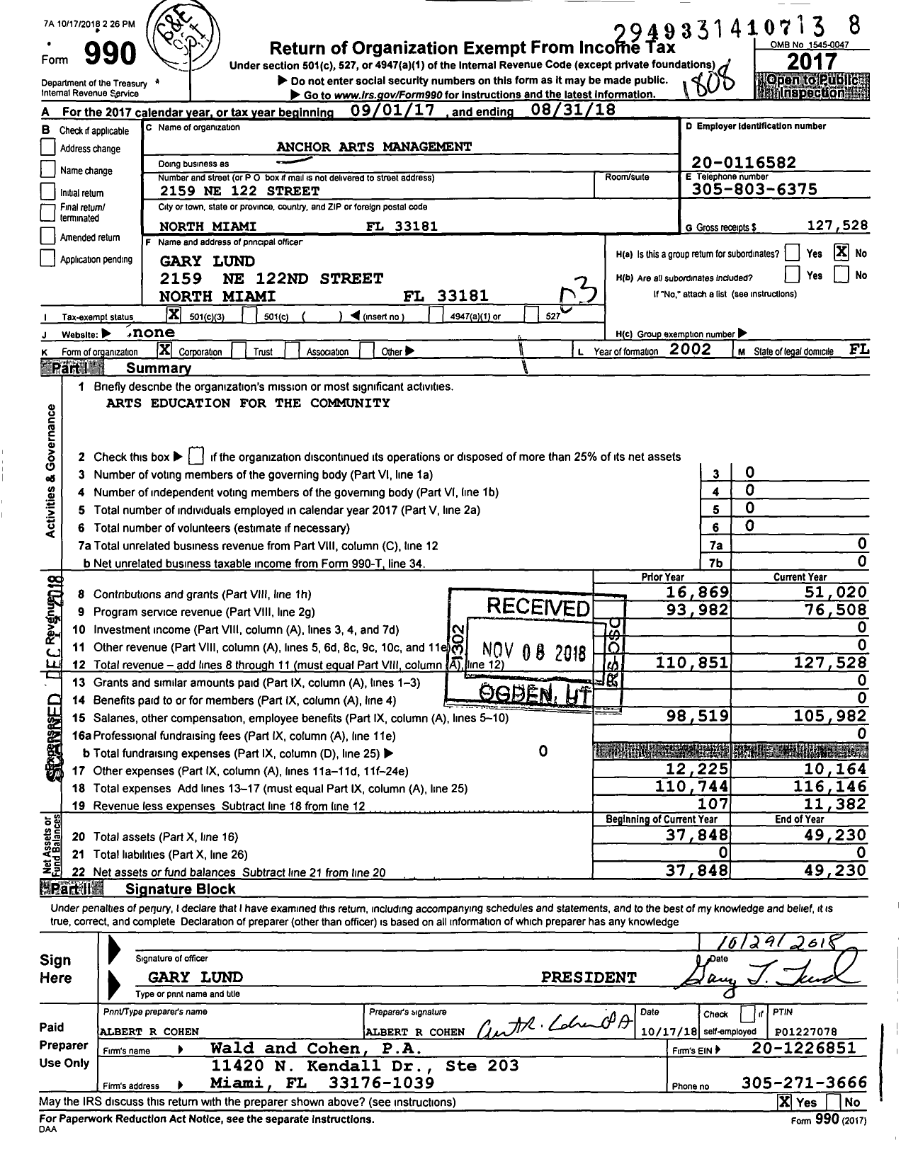 Image of first page of 2017 Form 990 for Anchor Arts Management