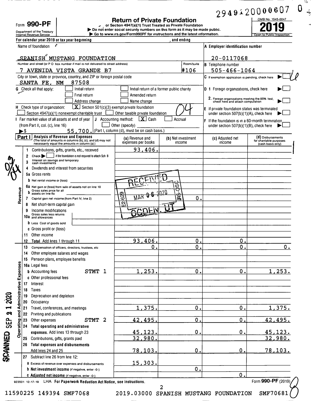 Image of first page of 2019 Form 990PR for Spanish Mustang Foundation