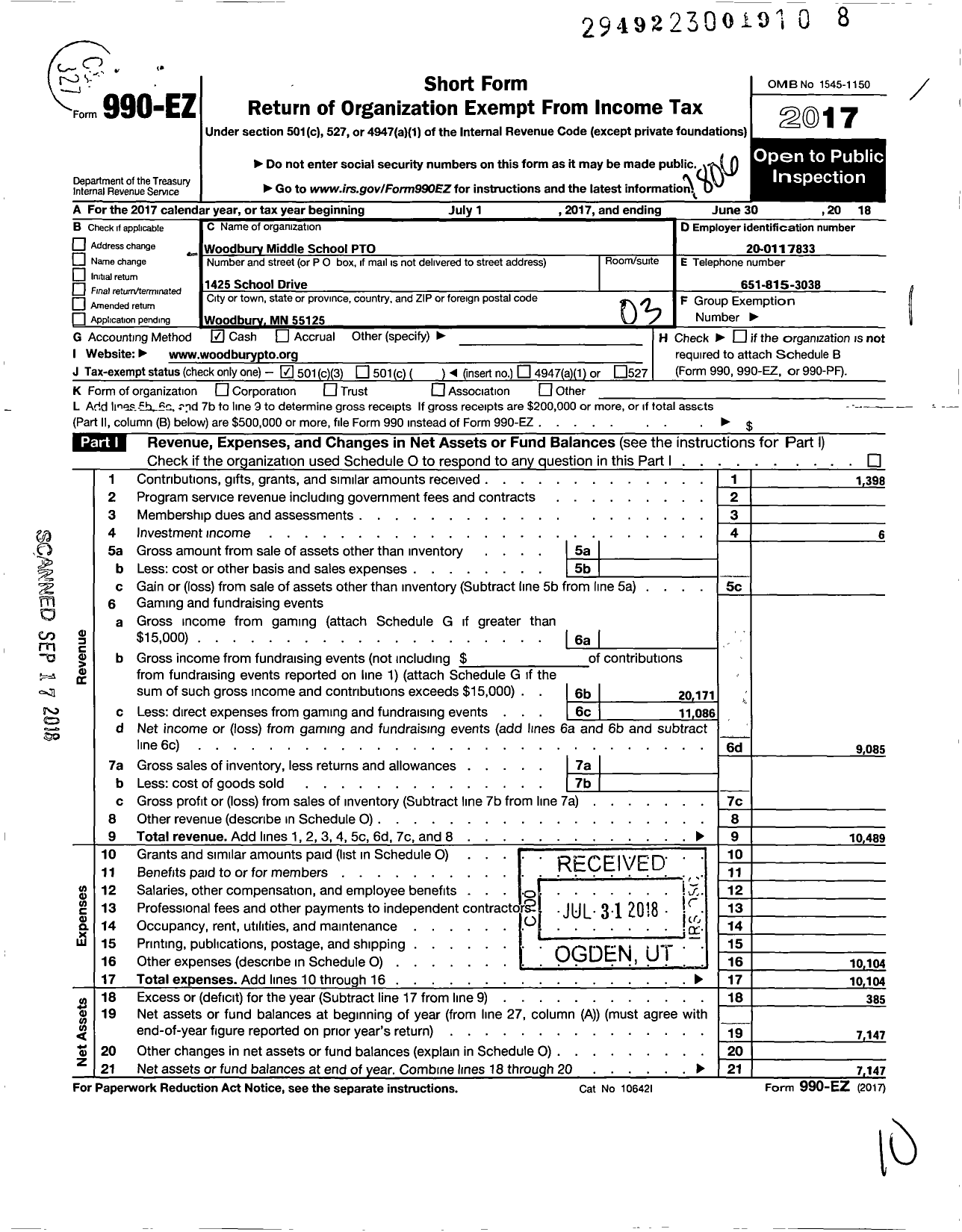 Image of first page of 2017 Form 990EZ for Woodbury Junior High School Pto