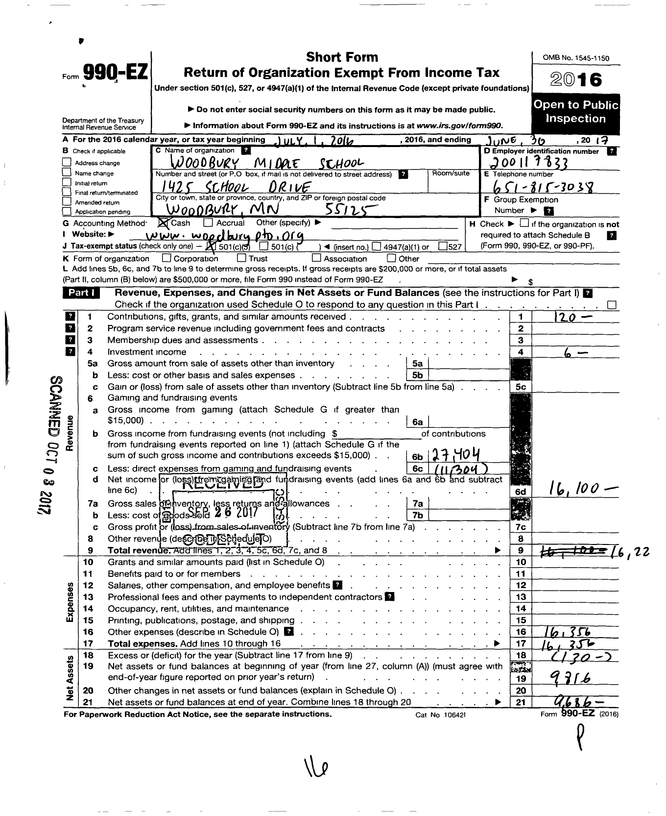 Image of first page of 2016 Form 990EZ for Woodbury Junior High School Pto