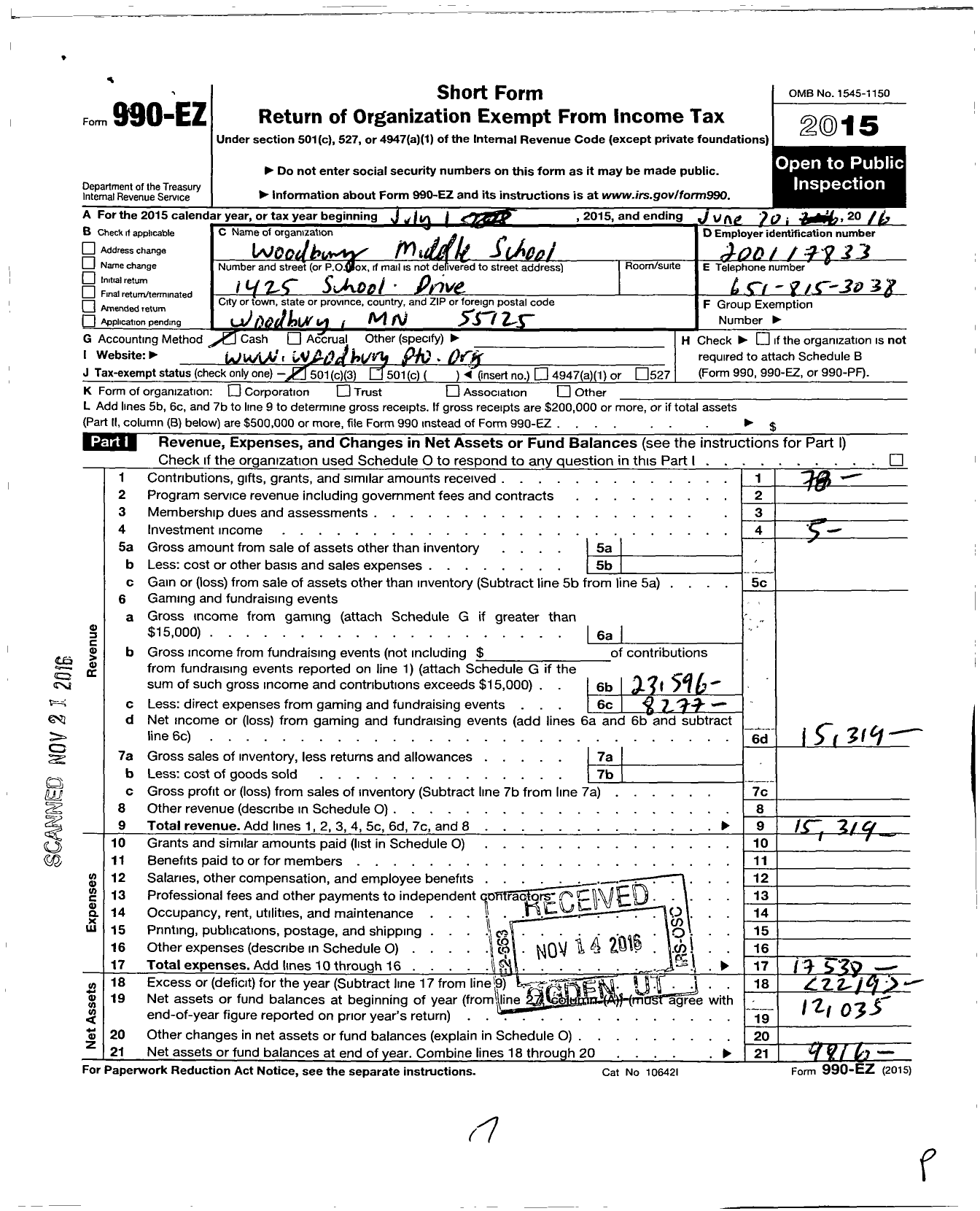 Image of first page of 2015 Form 990EZ for Woodbury Junior High School Pto