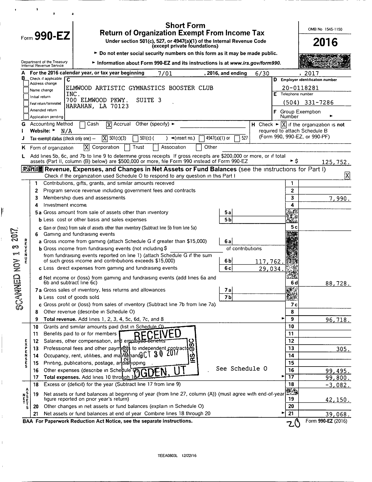 Image of first page of 2016 Form 990EZ for Elmwood Artistic Gymnastics Booster Club