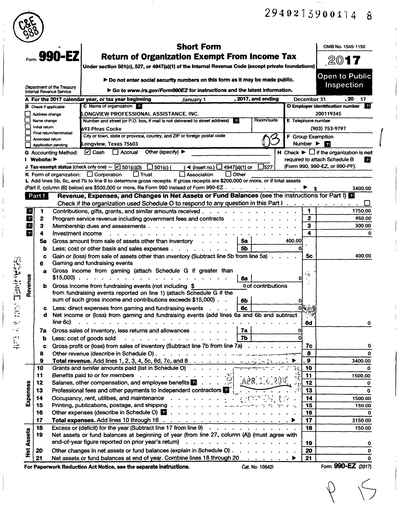 Image of first page of 2017 Form 990EZ for Longview Professional Assistance