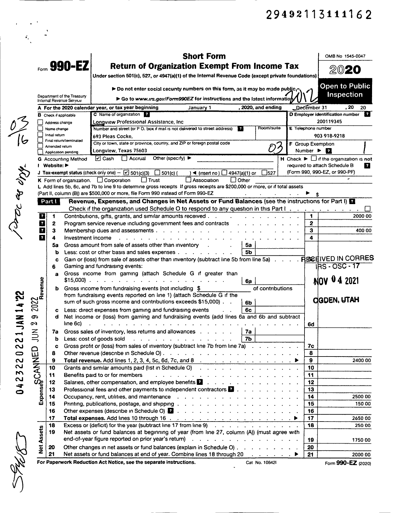 Image of first page of 2020 Form 990EZ for Longview Professional Assistance