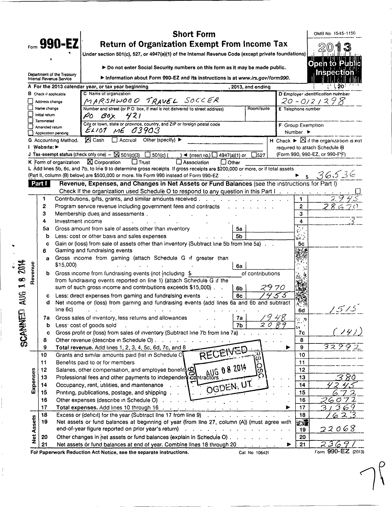 Image of first page of 2013 Form 990EZ for Marshwood Travel Soccer