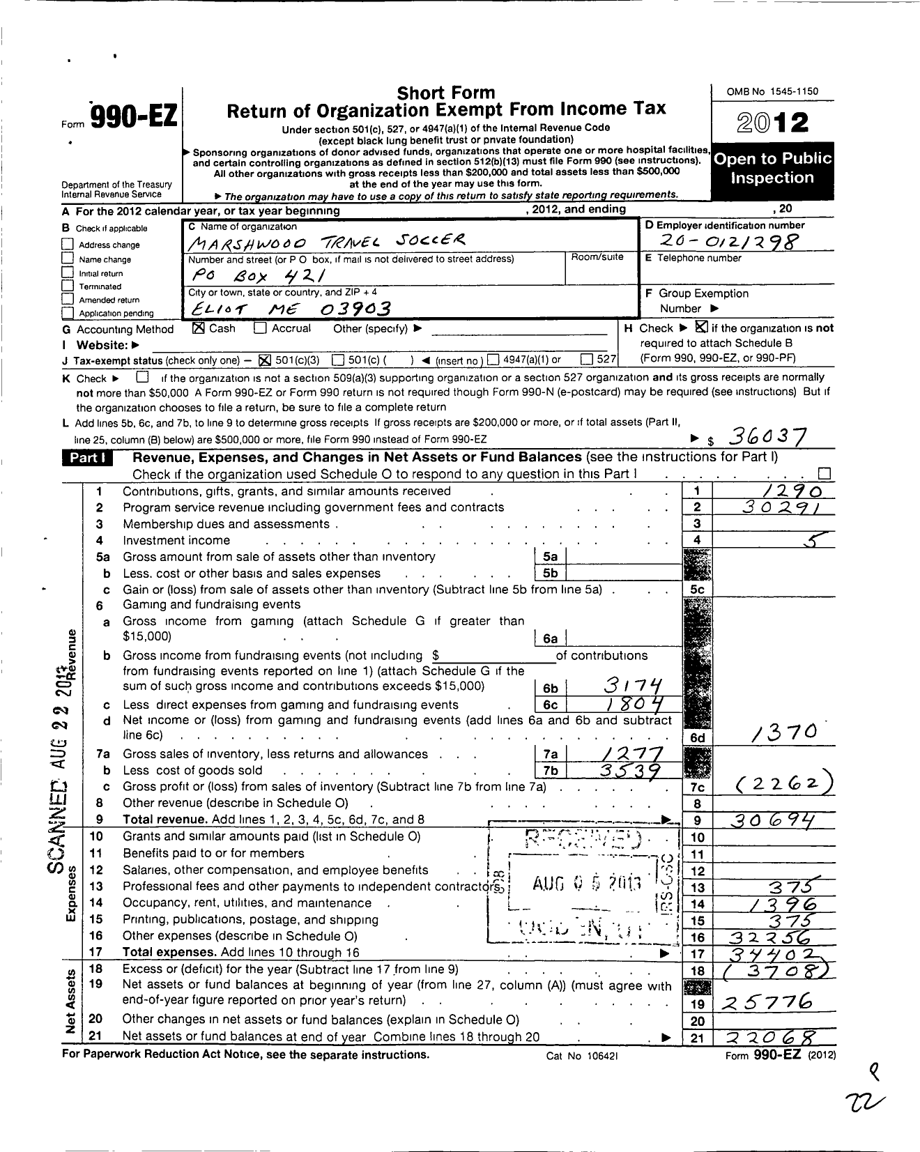 Image of first page of 2012 Form 990EZ for Marshwood Travel Soccer