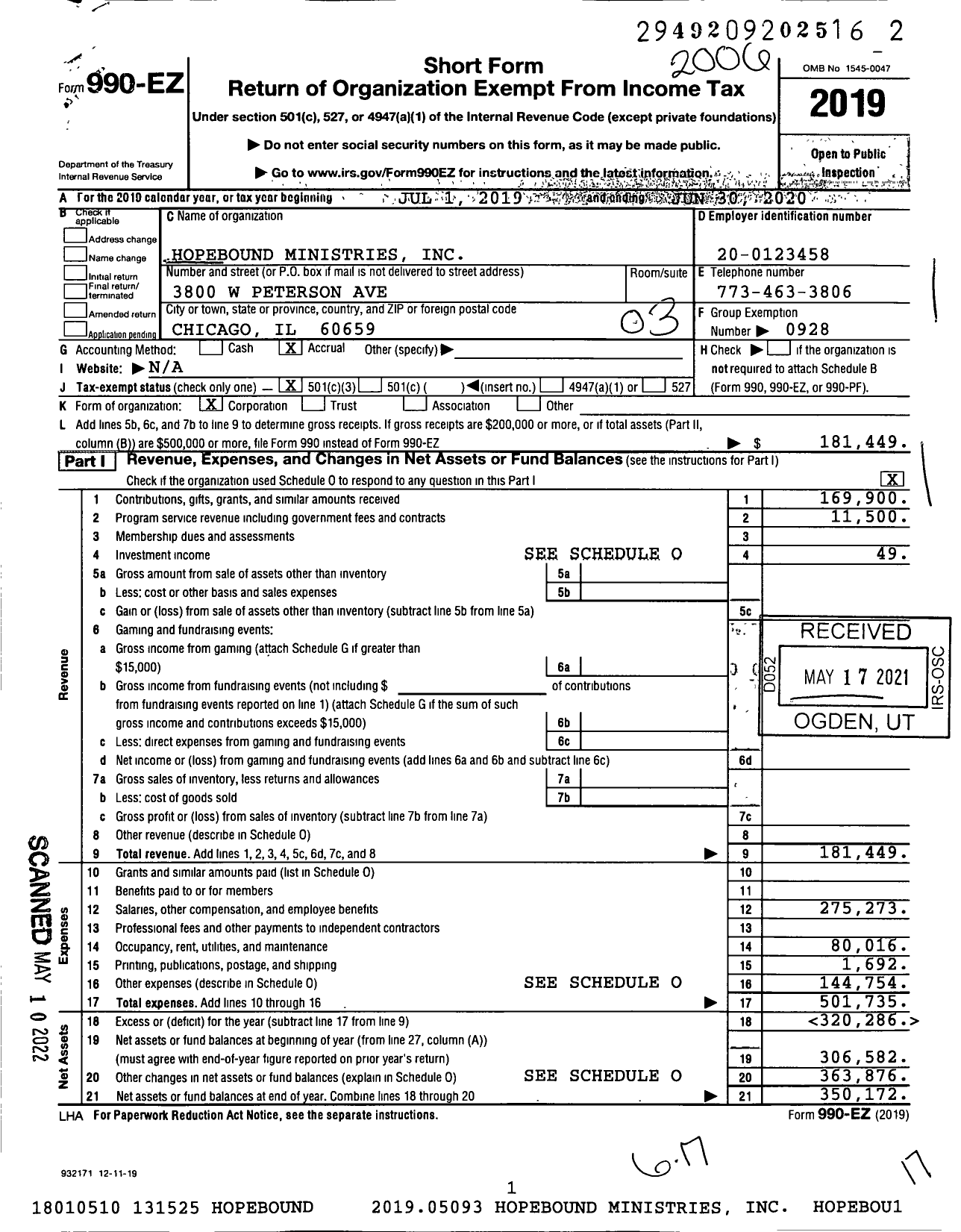 Image of first page of 2019 Form 990EZ for Hopebound Ministries