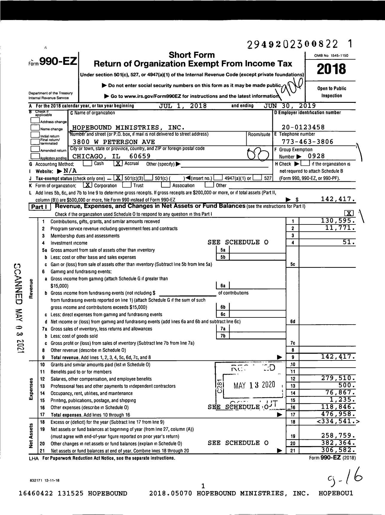 Image of first page of 2018 Form 990EZ for Hopebound Ministries