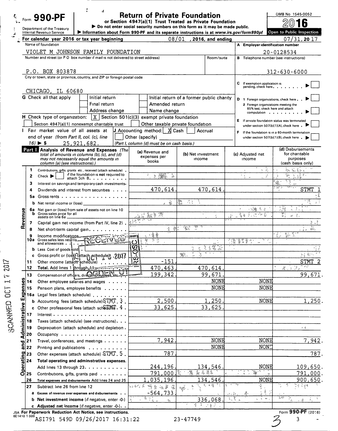 Image of first page of 2016 Form 990PF for Violet M Johnson Family Foundation